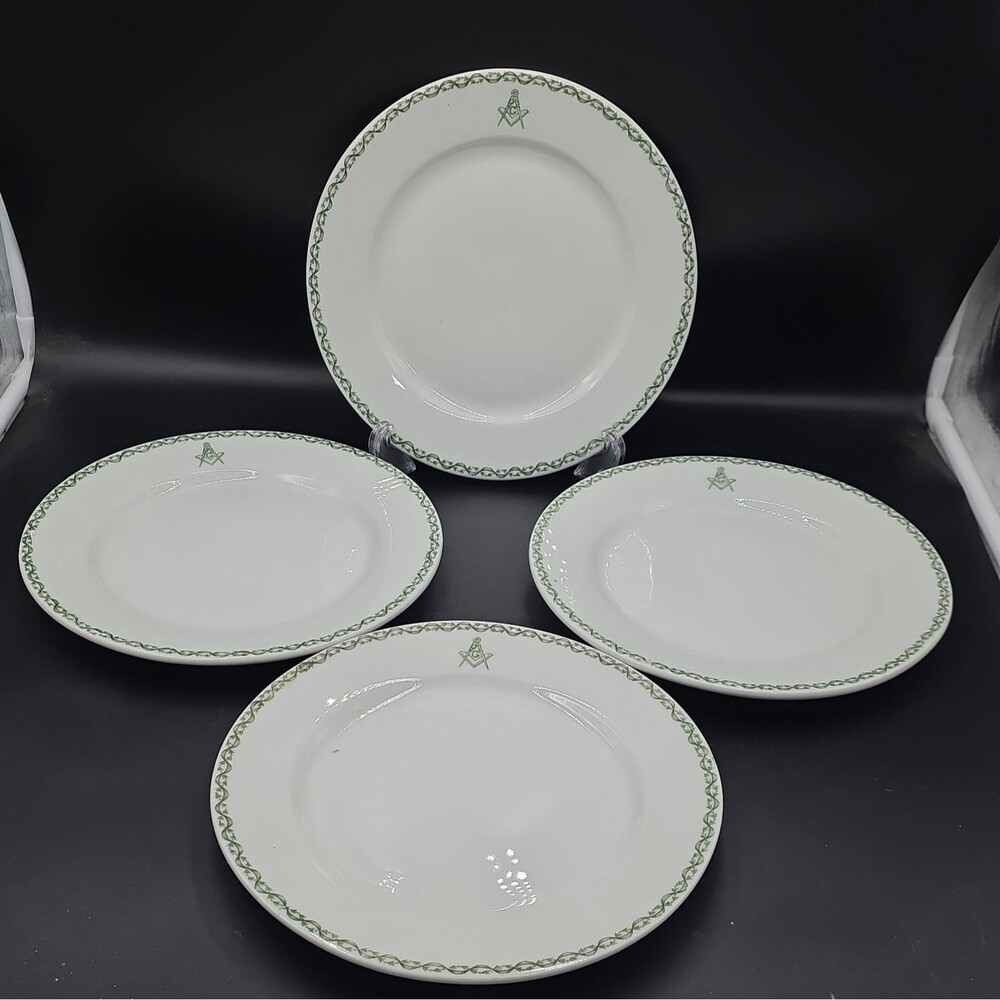 Warwick China Freemason Masonic Lodge Dinner Plates Green Floral Swag 1920-1930